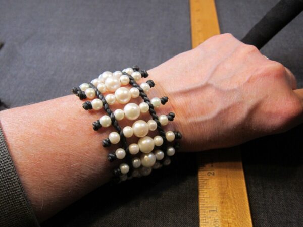 Really neat real pearls and woven braided leather wide bracelet 6.75" - Image 5