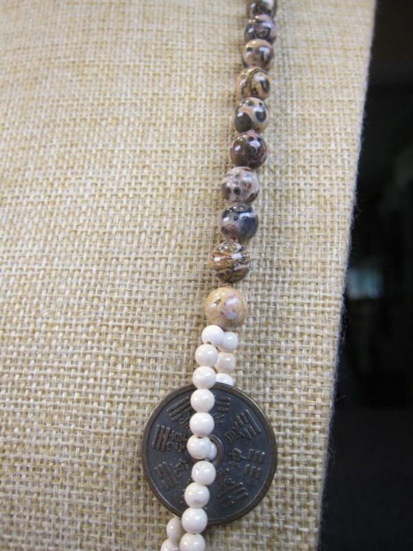 Unique jasper bead necklace w/Chinese? coins one has bats! 30" long - Image 2