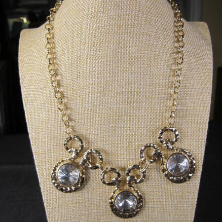 Gorgeous gold tone statement necklace w/ huge Rivoli clear faceted glass stones