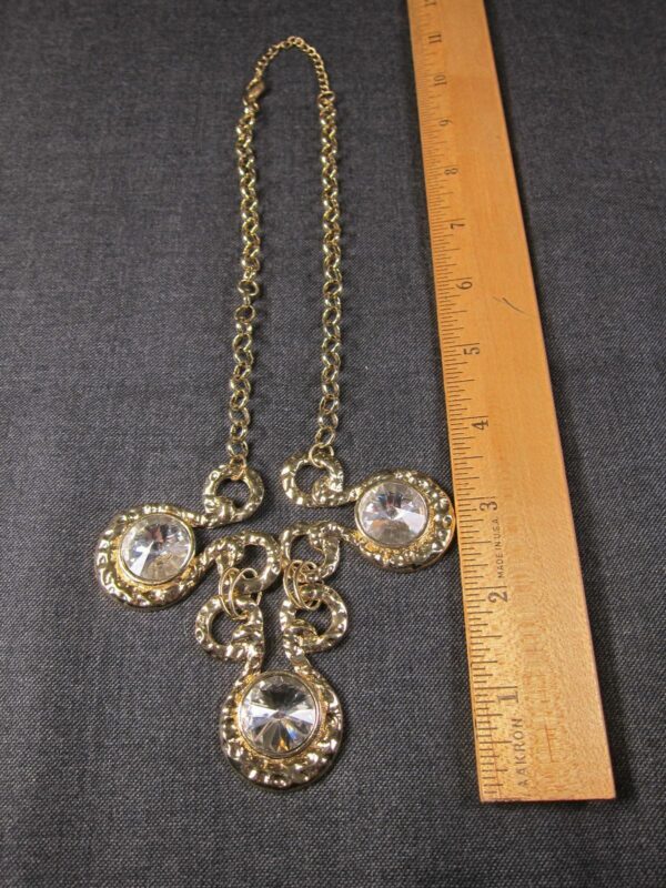Gorgeous gold tone statement necklace w/ huge Rivoli clear faceted glass stones - Image 5