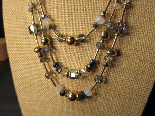 Beautiful multi-tier delicate gold tone chain necklace blue gold AB glass beads - Image 2