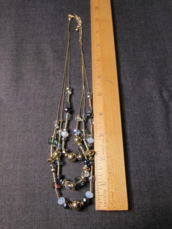 Beautiful multi-tier delicate gold tone chain necklace blue gold AB glass beads - Image 6