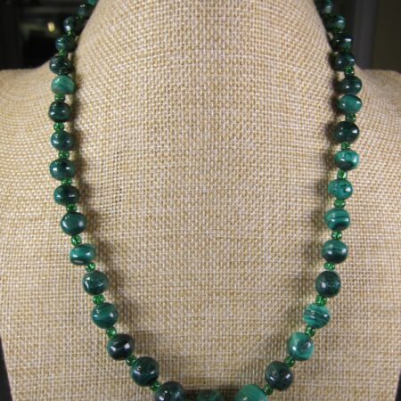 Gorgeous heavy 19" long Malachite round beaded necklace w/green glass