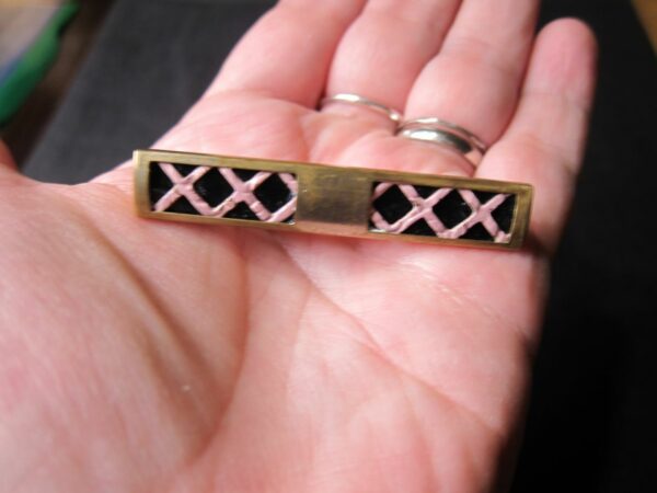 Nice deco vintage tie clip pin tack with pink and black enamel and brass Anson - Image 7