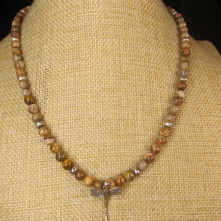 Gorgeous 999 pure silver clasp dragonfly pendant brown stone bead necklace 17"