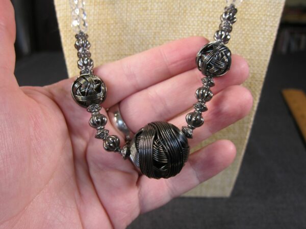 Beautiful well-made heavy 28" necklace clear glass & gunmetal wire wrapped beads - Image 2