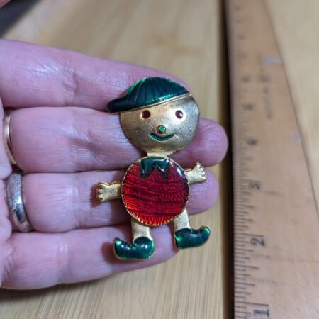 Cute, unusual vintage brooch boy w/tomato outfit elf shoes articulated