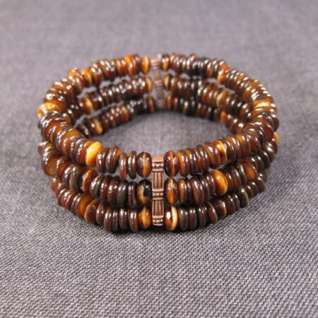 Gorgeous three strand stretch bracelet polished tiger's eye stone discs rounds