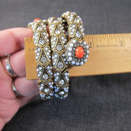Gorgeous HEAVY brass tone rhinestone white & orange glass wrap bracelet