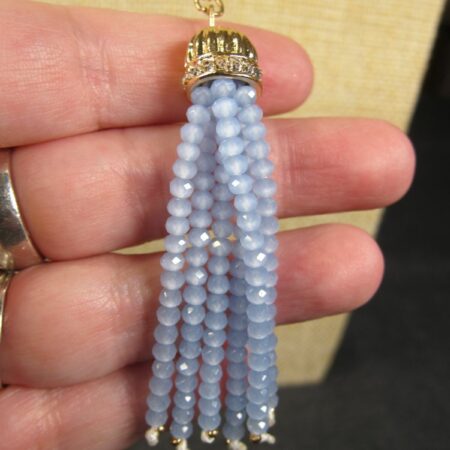 Sweet delicate 35" long blue glass bead and gold tone chain necklace tassel