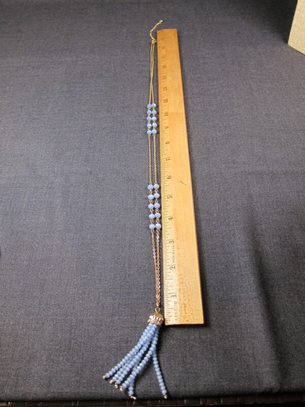 Sweet delicate 35" long blue glass bead and gold tone chain necklace tassel - Image 6