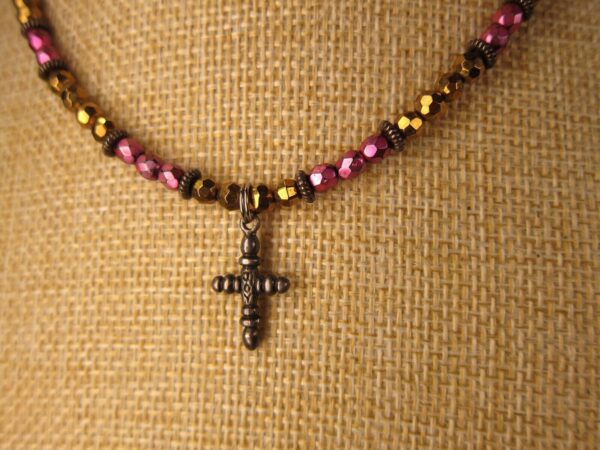 Beautiful pink & gold glass bead & sterling spacers & cross necklace 16" - Image 2