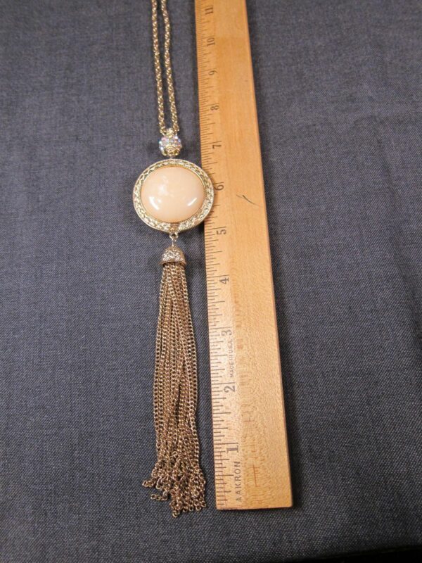Beautiful reversible Vintage tassel drop necklace gold tone & green/yellow 33" - Image 5