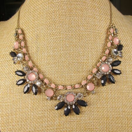 Gorgeous pink, black and gold tone Liz Claiborne rhinestone statement necklace