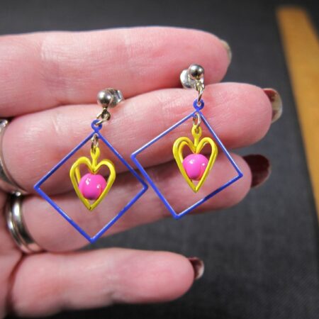 CUTE vintage 80's earrings color block heart pink purple yellow bright colors!