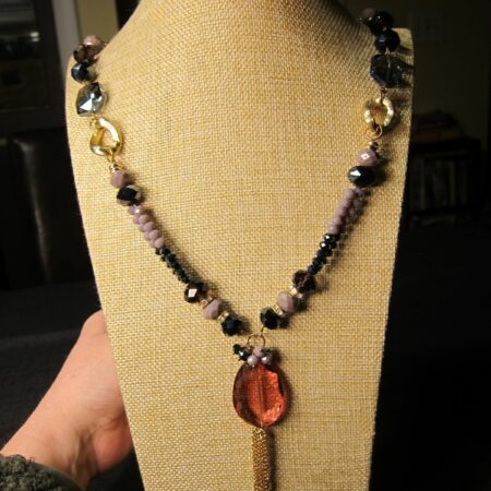 Gorgeous well-made necklace faceted purple pink blue cut glass 36" long gold