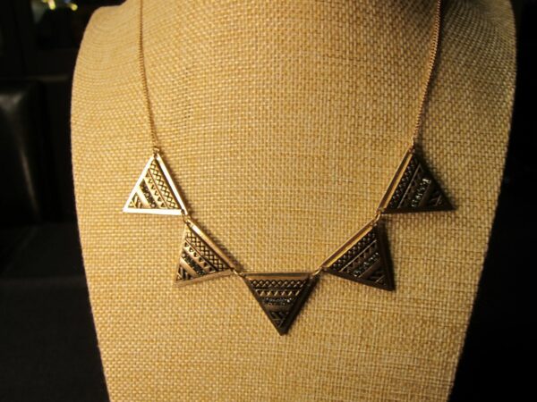 Gorgeous gold tone black rhinestone tribal triangles statement necklace 18" - Image 2