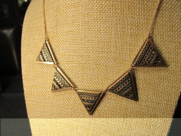 Gorgeous gold tone black rhinestone tribal triangles statement necklace 18" - Image 3