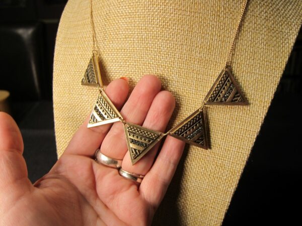 Gorgeous gold tone black rhinestone tribal triangles statement necklace 18" - Image 4