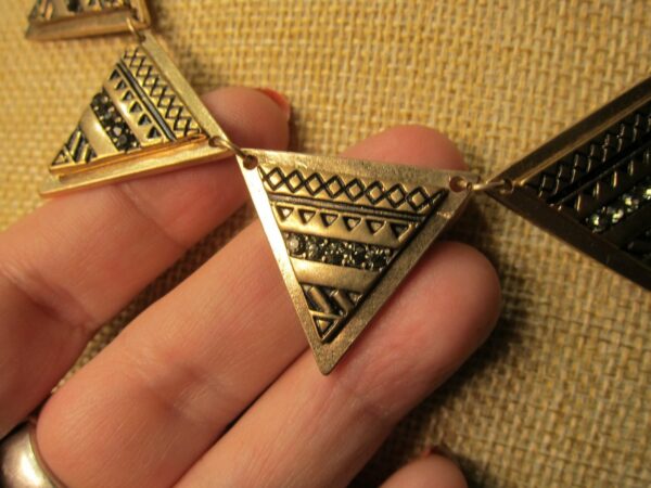 Gorgeous gold tone black rhinestone tribal triangles statement necklace 18" - Image 5