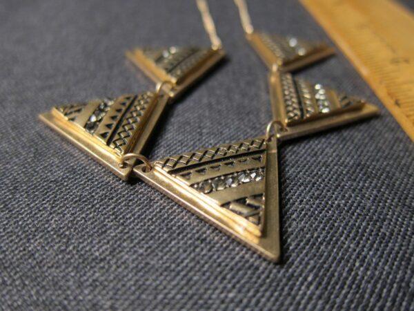 Gorgeous gold tone black rhinestone tribal triangles statement necklace 18" - Image 10