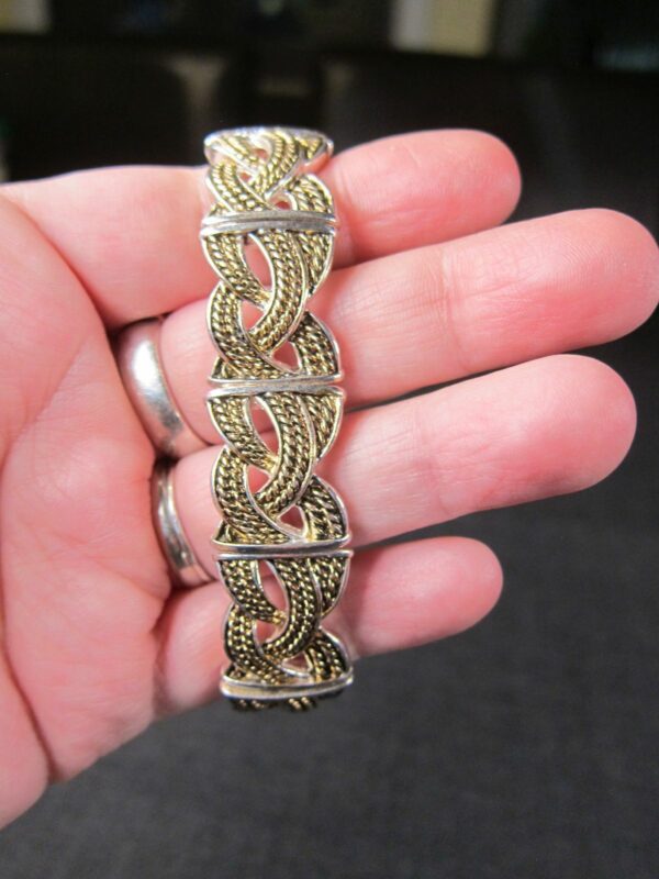 Vintage Monet mixed metals stretch panel bangle bracelet silver gold tone - Image 2