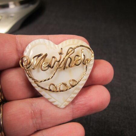 Gorgeous old vintage wire work Mother pin brooch carved white stone heart