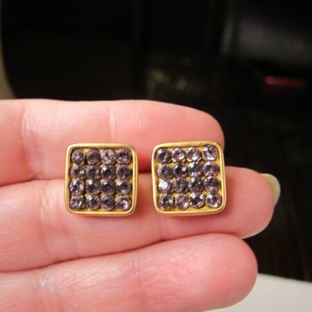 Gorgeous Swarovski purple crystal square earrings swan mark signed VGC Gold tone