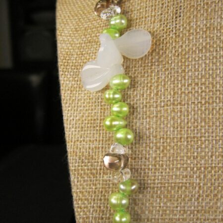 Bright spring green real pearls & glass bead lariat necklace 44" long wrap, tie