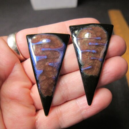 Beautiful modernist enamel on brass large triangle earrings iridescent blue