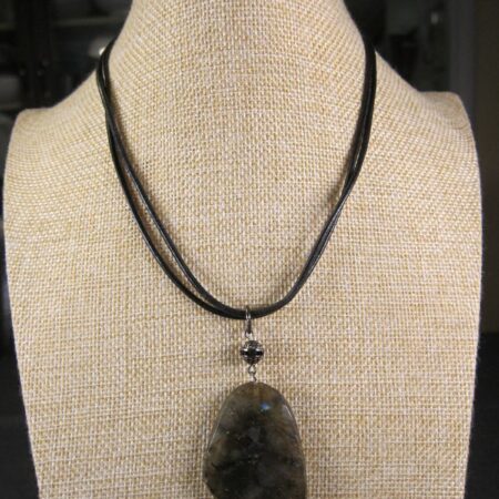 Gorgeous Chico's necklace black leather cord huge green stone w/inclusions