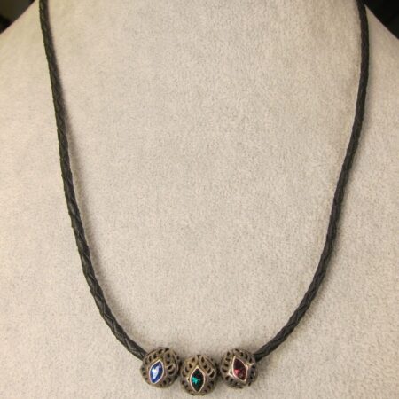 Beautiful leather and sterling necklace CHAM openwork & glass beads 925