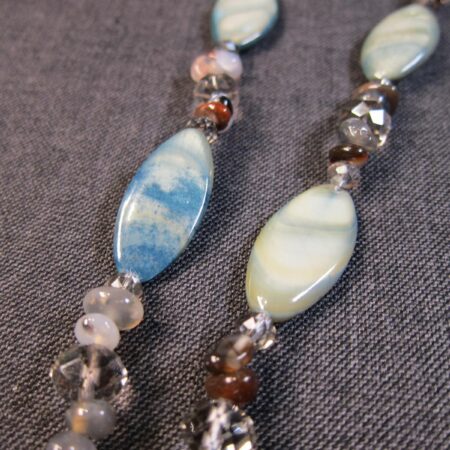 Gorgeous heavy 40" long necklace blue cream pearlized shell crystal stones