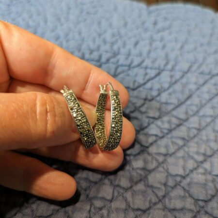 Gorgeous 1.25" sterling silver marcasite 'inside outside' long hoop earrings
