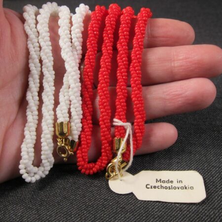 Pair set of 2 Czechoslovakian glass seed bead necklaces red & white twisted 16"