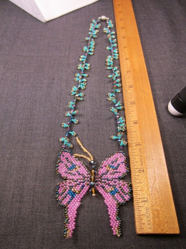 Beautiful handmade seed bead crochet butterfly necklace 22" pink blue green - Image 4
