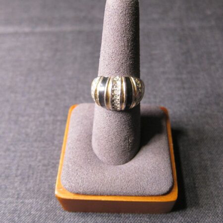 Gold tone rhinestone black enamel vintage Cocktail dome Ring 6.75 14K GE ESPO