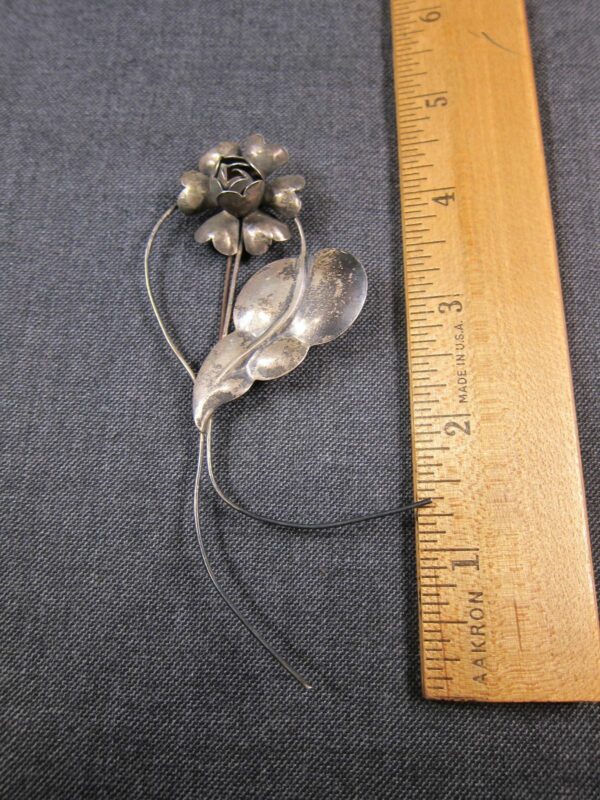 Beautiful very vintage large sterling silver rose brooch pin 4.5" long marked