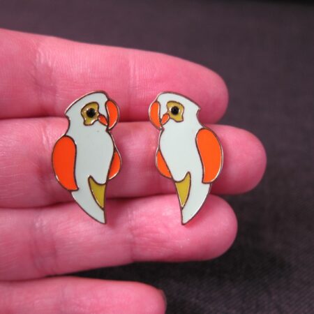 Cute vintage enamel parrot bird pierced earrings green and orange just over 1"