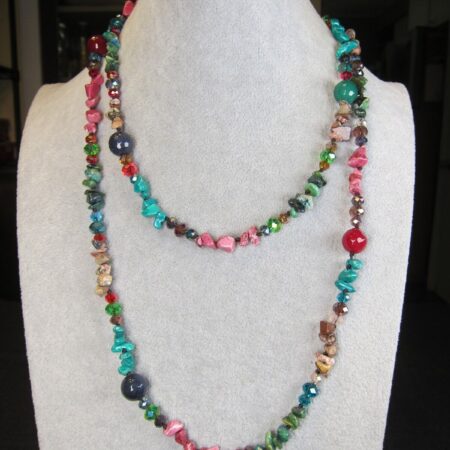 Beautiful 44" multi-color stone & glass beaded necklace quartz, jasper, more