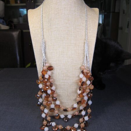 Gorgeous Crown Trifari tiered 24" long necklace w/autumn amber/peach acrylic