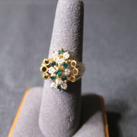 Gorgeous cocktail ring with big cluster of green and white rhinestones or CZs 6