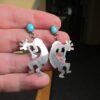 Vintage lightweight sterling dangling Kokopelli earrings with turquoise stone