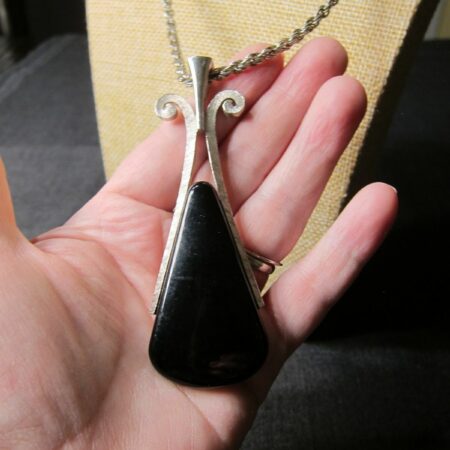 BOLD Vintage AVON Modernist Black Lucite Pendant 24" Silver Necklace MOD