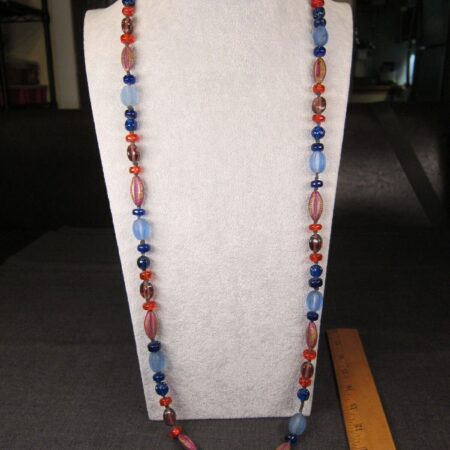 Gorgeous red blue purple vintage glass bead 40" long necklace hand-knotted