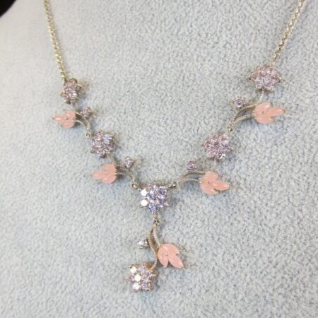 Gorgeous SU CZ 925 sterling silver & pink glass & CZ flowers leaves necklace