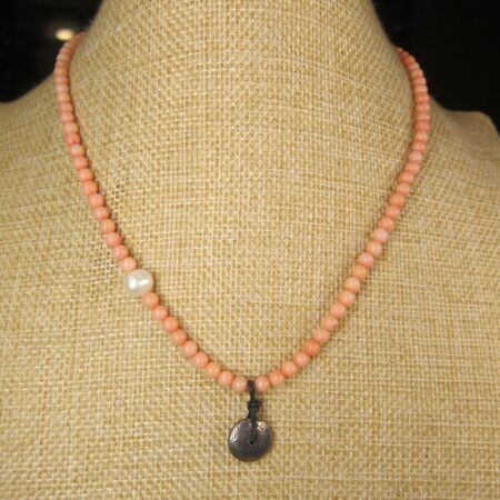 Gorgeous Peyote Bird pink coral real pearl sterling silver 16-18  necklace