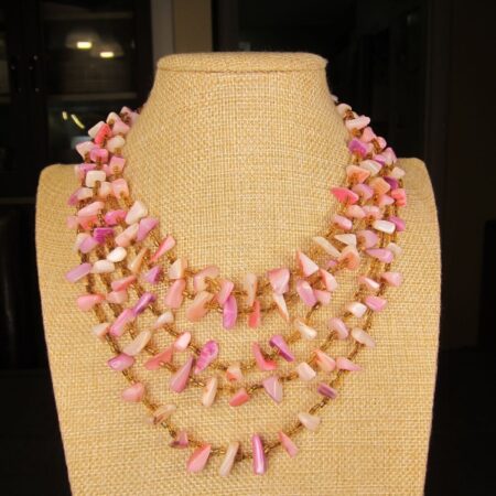 Neat vintage pink shell & yellow bead tiered statement necklace Japan 60's