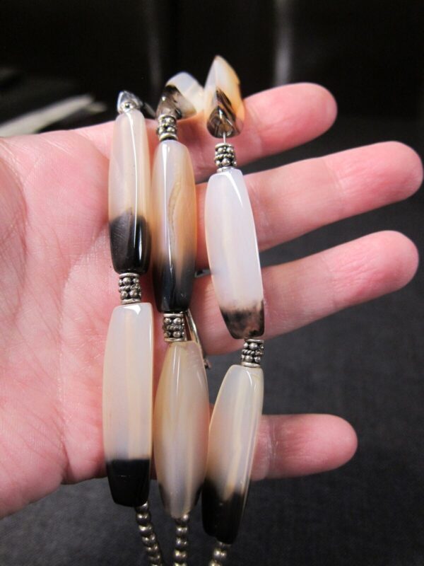 Gorgeous sterling silver & long agate bead bracelet slide clasp 6.75" max - Image 6