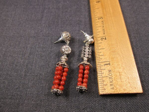 Neat asymmetrical sterling silver & red/orange bead artisan dangle earrings - Image 2